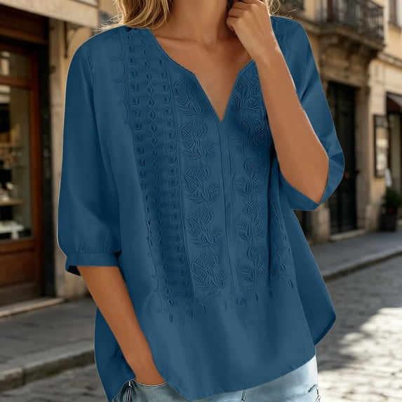 Cotton Linen Shirts for Women Trendy Retro Embroidered 3/4 Sleeve Boho Blouse Dressy Casual Bohemian Tops Loose Tunics Navy XXL