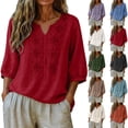 thumbnail image 1 of Cotton Linen Shirts for Women Trendy Retro Embroidered 3/4 Sleeve Boho Blouse Dressy Casual Bohemian Tops Loose Tunics ,XXL,#01 Red, 1 of 6