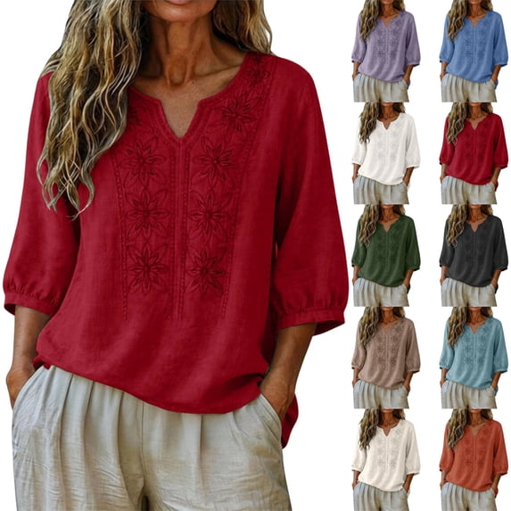 Cotton Linen Shirts for Women Trendy Retro Embroidered 3/4 Sleeve Boho Blouse Dressy Casual Bohemian Tops Loose Tunics ,XXL,#01 Red