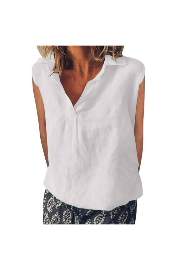 Cotton Linen Shirts for Women V Neck Cap Sleeve Basic Blouse 2024 Popular Boho Style Tunic Tops Summer Going Out