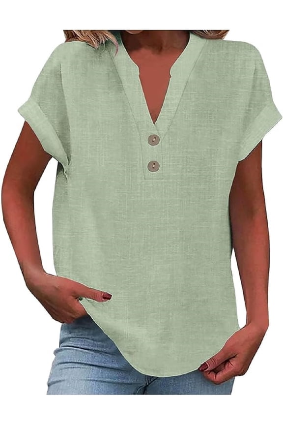 Cotton Linen Shirts for women Summer Tops Short Sleeve Button Lapel V Neck T-Shirts Casual Tunic Top Loose Comfy Loose Solid Work Plain Blouse Tees