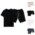 thumbnail image 1 of Cotton Linen Short Sets for Men Short Sleeve Band Collar T Shirt and Shorts 2 Piece Matching Set Mens Summer Outfits, 1 of 7