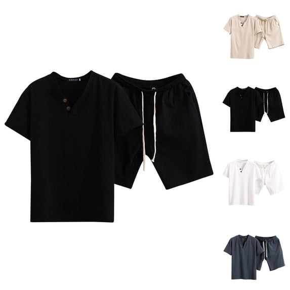 Cotton Linen Short Sets for Men Short Sleeve Band Collar T Shirt and Shorts 2 Piece Matching Set Mens Summer Outfits
