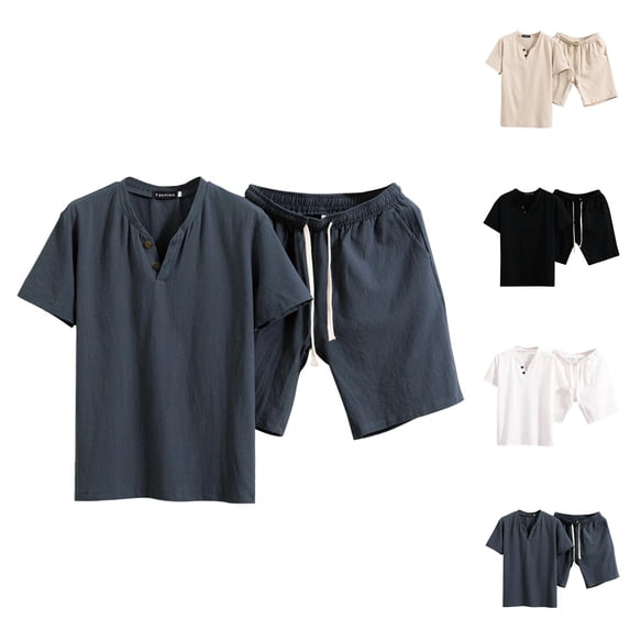 Cotton Linen Short Sets for Men Short Sleeve Band Collar T Shirt and Shorts 2 Piece Matching Set Mens Summer Outfits