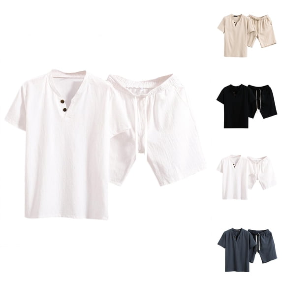 Cotton Linen Short Sets for Men Short Sleeve Band Collar T Shirt and Shorts 2 Piece Matching Set Mens Summer Outfits