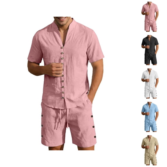 Cotton Linen Short Sets for Men Summer Short Sleeve Button V Neck Stand Collar Shirt and Shorts 2 Piece Matching Set