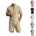 thumbnail image 1 of Cotton Linen Short Sets for Men Summer Short Sleeve Button V Neck Stand Collar Shirt and Shorts 2 Piece Matching Set, 1 of 6