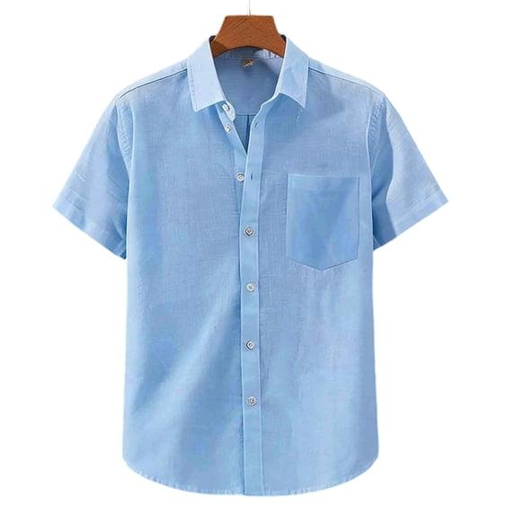 Cotton Linen Short Sleeve Shirts for Men Solid Color Regular Fit Lapel Blouse Casual Lightweight Button Down Shirts