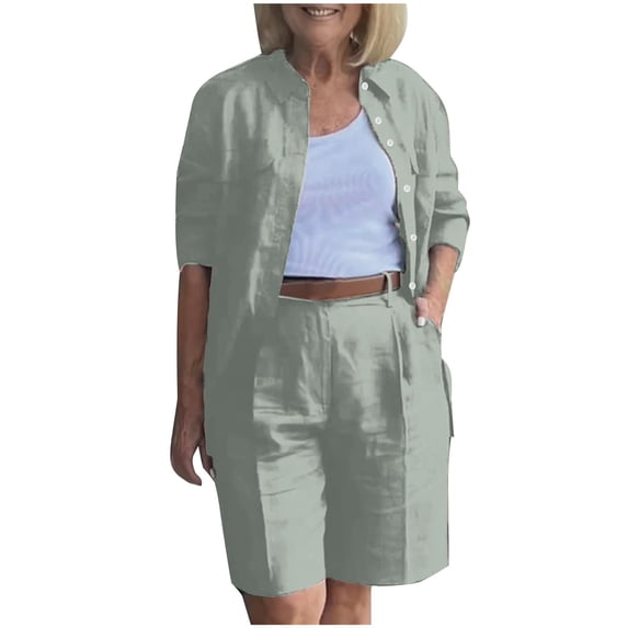Cotton Linen Shorts Set Womens Plus Size Lounge Sets Casual Button down Lapel Shirt with Shorts