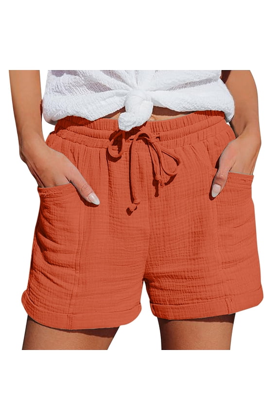 Cotton Linen Shorts for Women Elastic Waist Drawstring Comfy Shorts Women Shorts for Seniors Solid Color Slacks Baggy Wide Leg Shorts Palazzo Pants High Waisted Gauze Short Cute Shorts Orange