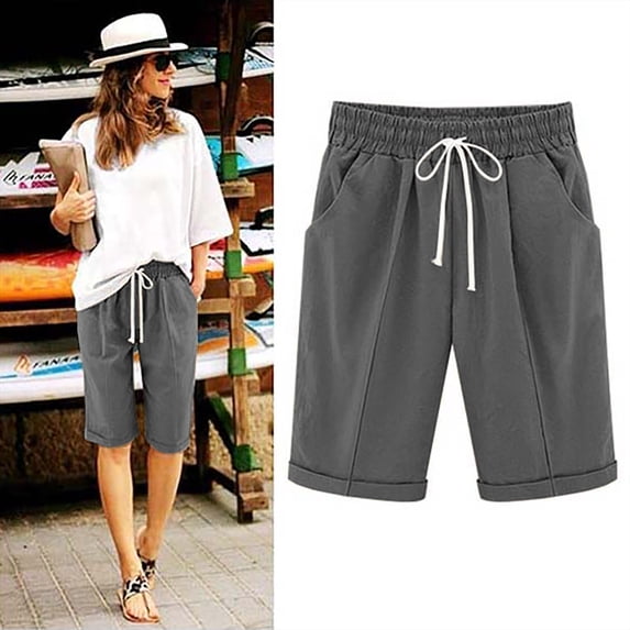 Cotton Linen Shorts for Women Elastic Waist Knee Length Shorts Loose Lounge Shorts with Drawstring Pockets Vmvidoty Summer Workout Casual Lounge Shorts Gray S