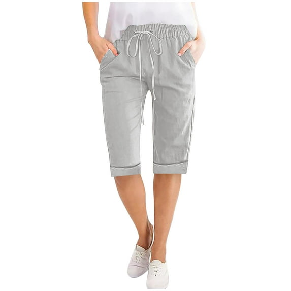 Cotton Linen Shorts for Women Summer Shorts 2025 Elastic Waist Shorts with Pockets Drawstring Bermuda Shorts Casual Knee Length Short Pants Yoga Pants Women Gray XL