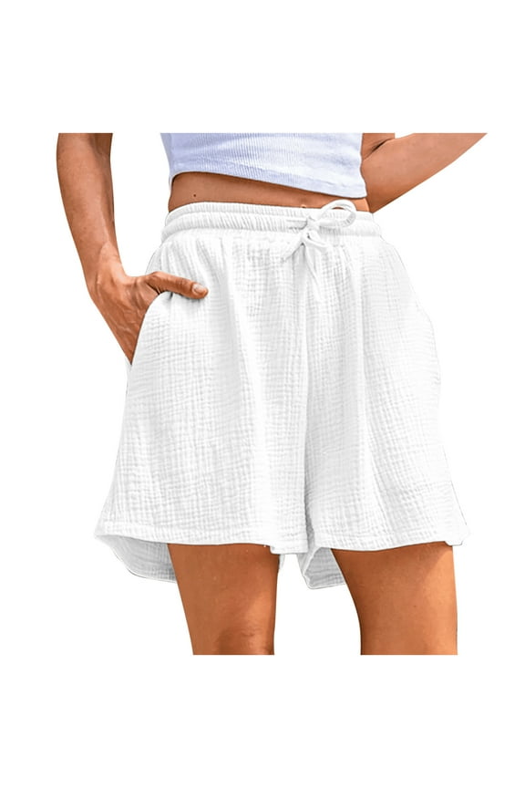 Cotton Linen Shorts for Women Wide Leg Sweat Shorts High Rise Bottoms Solid Color Casual Pants Waffle Knitted Bottom Soft Breathable Shorts Loose Summer Running Workout Pants