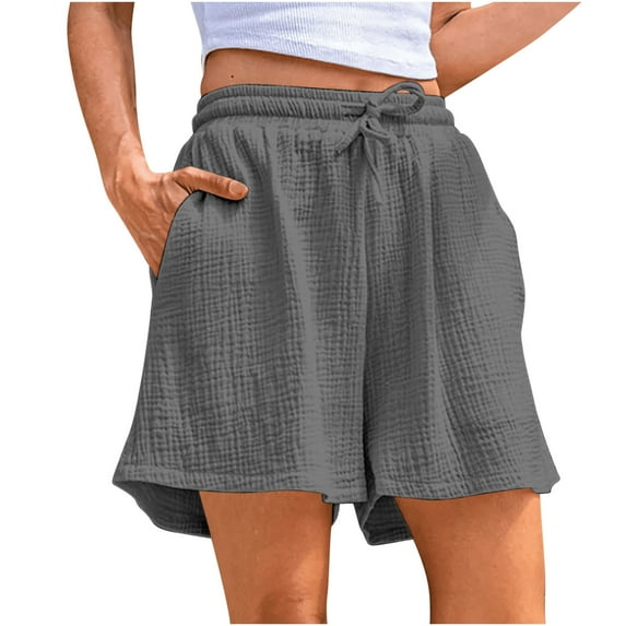 Cotton Linen Shorts for Women Wide Leg Sweat Shorts High Rise Bottoms Solid Color Casual Pants Waffle Knitted Bottom Soft Breathable Shorts Loose Summer Running Workout Pants