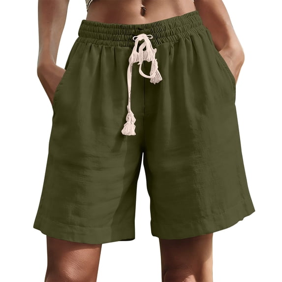 Cotton Linen Shorts Womens Solid Colour Summer Shorts Bermuda Shorts with Pockets Drawstring Elastic Waisted Wide Leg Pant Loose Fit Pant Work Office Casual Pants Workout Holiday