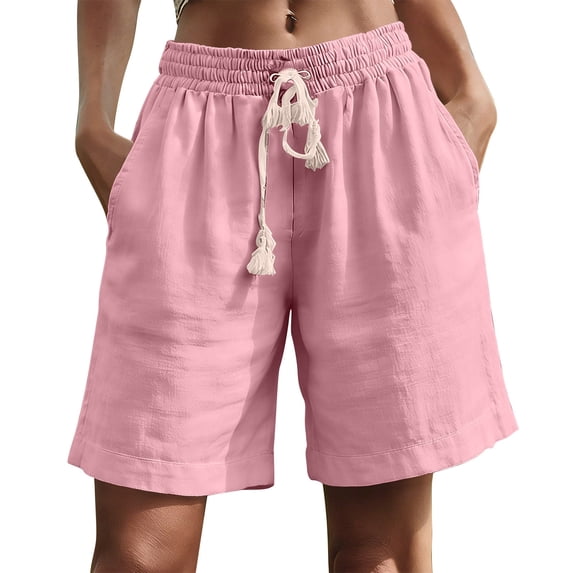 Cotton Linen Shorts Womens Solid Colour Summer Shorts Bermuda Shorts with Pockets Drawstring Elastic Waisted Wide Leg Pant Loose Fit Pant Work Office Casual Pants Workout Holiday