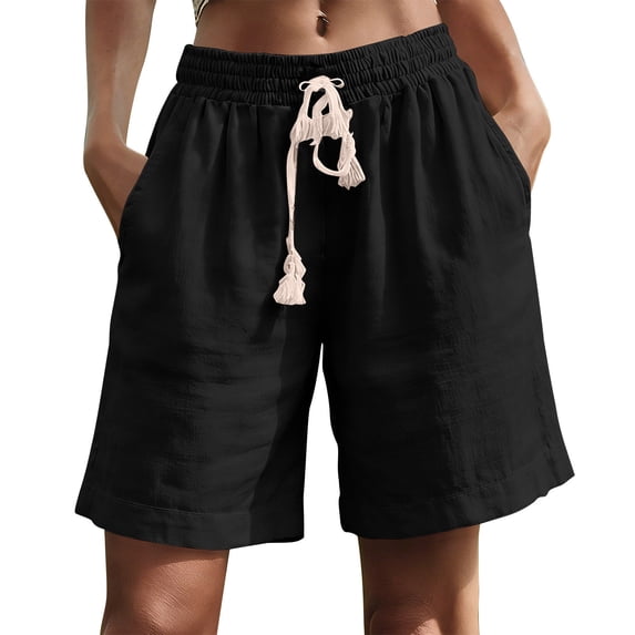 Cotton Linen Shorts Womens Solid Colour Summer Shorts Bermuda Shorts with Pockets Drawstring Elastic Waisted Wide Leg Pant Loose Fit Pant Work Office Casual Pants Workout Holiday
