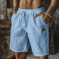 thumbnail image 1 of Cotton Linen Shorts for Men Elastic Waist Drawstring Lightweight Breathable Loose Fit Casual Beach Shorts with Pockets Light Blue L, 1 of 6