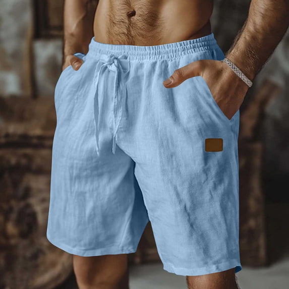 Cotton Linen Shorts for Men Elastic Waist Drawstring Lightweight Breathable Loose Fit Casual Beach Shorts with Pockets Light Blue L