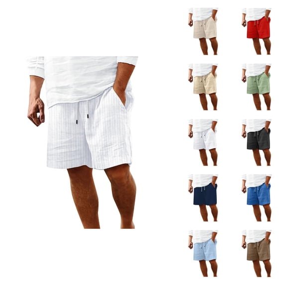 Cotton Linen Shorts for Men Summer Casual Lightweight Wide Straight Leg Loose Beach Shorts with Pockets