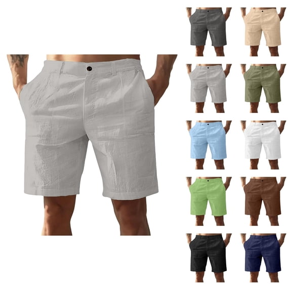 Cotton Linen Shorts for Men Summer Casual Lightweight Wide Straight Leg Relaxed Fit Beach Shorts with Pockets