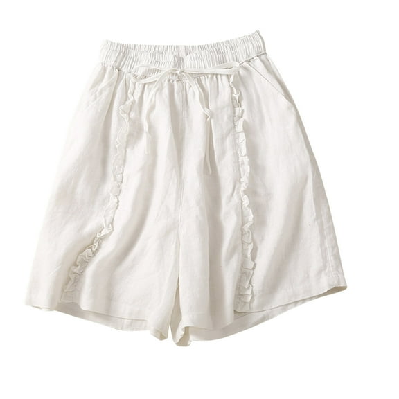 Cotton Linen Shorts for Women Casual Elastic Waist Drawstring Wide Leg Shorts Loose Comfy Summer Lounge Pants