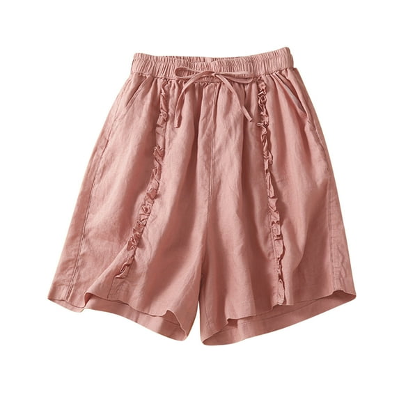 Cotton Linen Shorts for Women Casual Elastic Waist Drawstring Wide Leg Shorts Loose Comfy Summer Lounge Pants