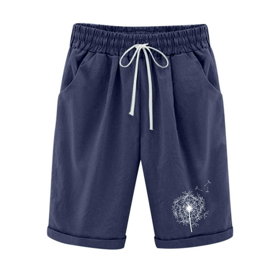 Cotton Linen Shorts for Women Casual Knee-Length Trouser Drawstring Waist Print Half Pants