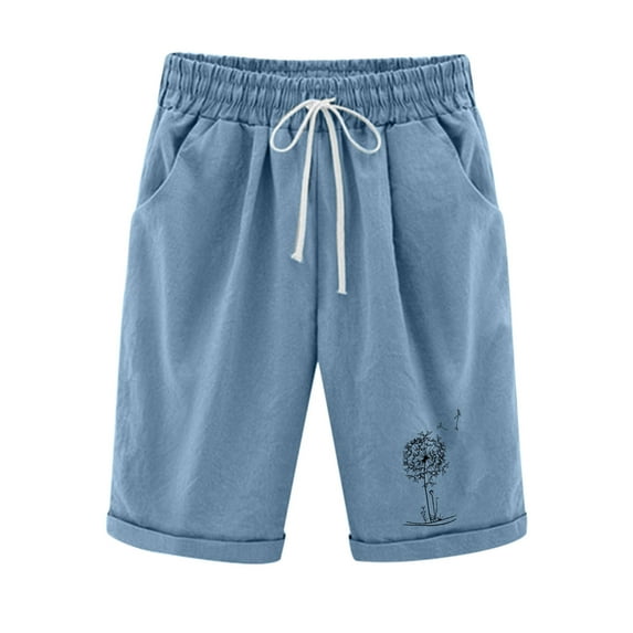 Cotton Linen Shorts for Women Casual Knee-Length Trouser Drawstring Waist Print Half Pants