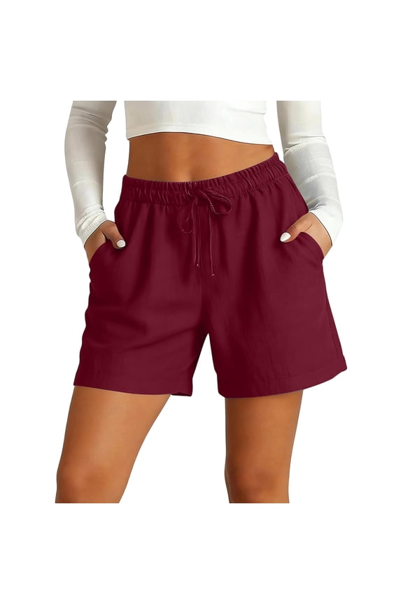 Cotton Linen Shorts for Women Drawstring Elastic Waist Summer Bermuda Causal Shorts with Pockets, M
