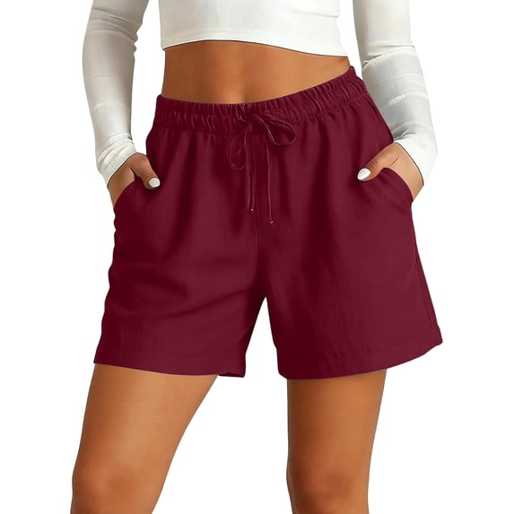 Cotton Linen Shorts for Women Drawstring Elastic Waist Summer Bermuda Causal Shorts with Pockets, S