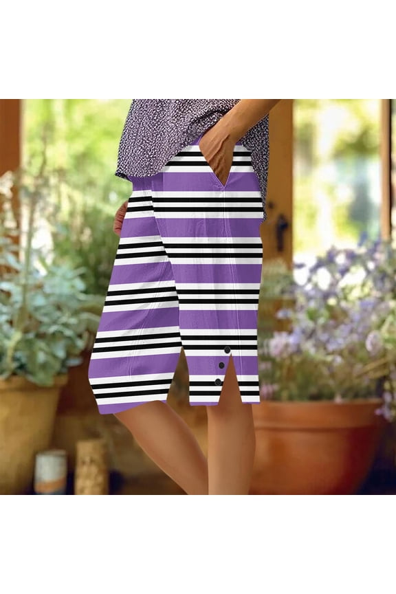 Cotton Linen Shorts for Women Knee Length Elastic Mid Waisted Straight Leg Side Split Striped Printed Color Block Bermuda Short with Pockets