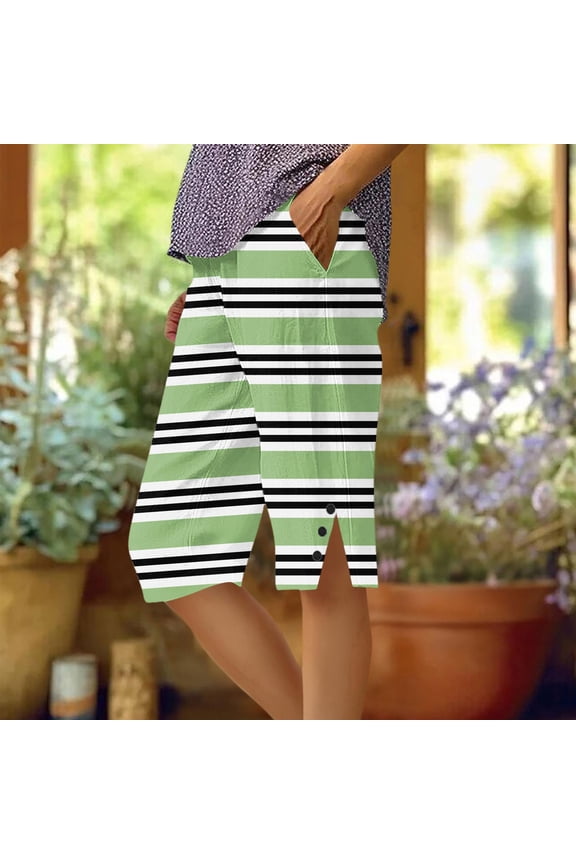 Cotton Linen Shorts for Women Knee Length Elastic Mid Waisted Straight Leg Side Split Striped Printed Color Block Bermuda Short with Pockets