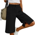 thumbnail image 1 of Cotton Linen Shorts for Women Knee Length Slit Baggy Casual Drawstring Waisted Bermuda Shorts Wide Leg Solid Capri Pants with Pockets Black L, 1 of 7
