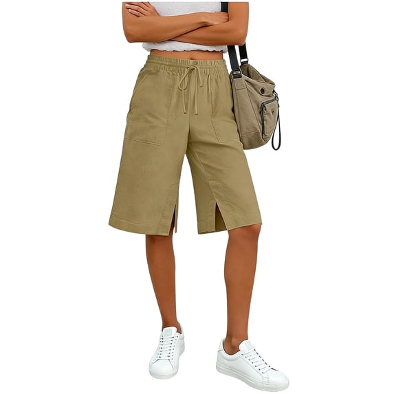 Cotton Linen Shorts for Women Knee Length Slit Baggy Casual Drawstring Waisted Bermuda Shorts Wide Leg Solid Capri Pants with Pockets Khaki 2 L