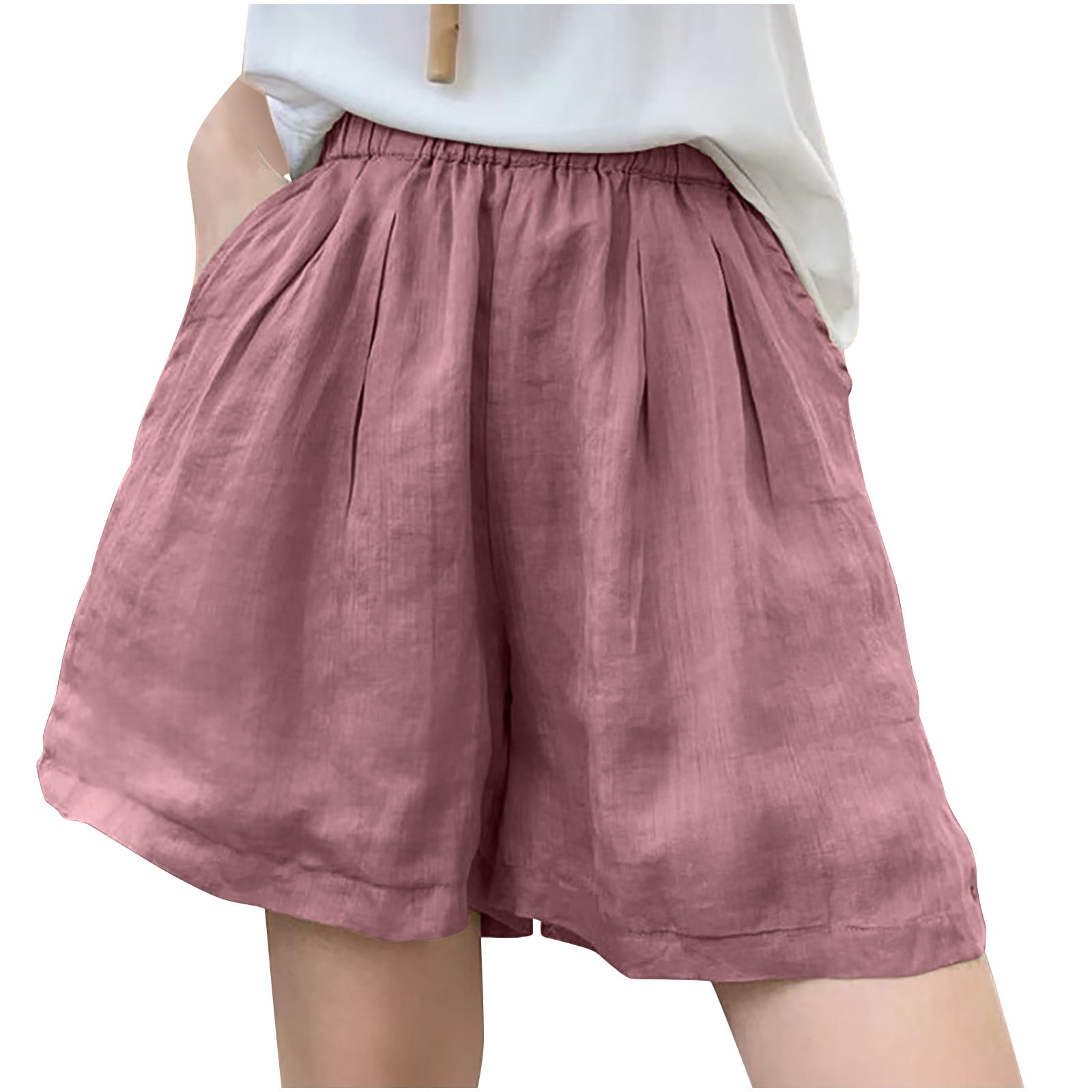 Cotton Linen Shorts for Women Loose Fit Solid Color Elastic High