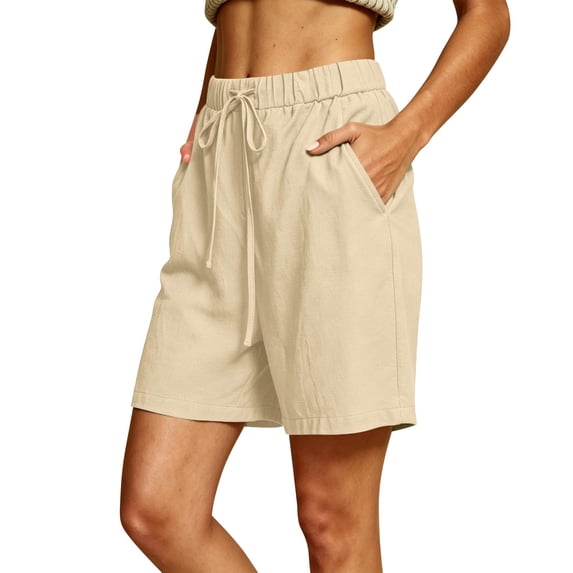 Cotton Linen Shorts for Women Plus Size Drawstring Elastic Waist Summer Beach Vacation Bermuda Shorts with Pockets, L