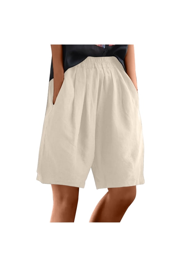 Cotton Linen Shorts for Women Solid Color Elastic Waisted Loose Women's Casual Pants Women Summer Bermuda Shorts Knee Length Shorts Beach Shorts