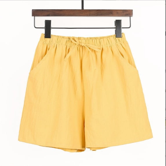 Cotton Linen Shorts for Women Solid Color Loose Cotton Crepe Casual Drawstring Wide Leg Shorts