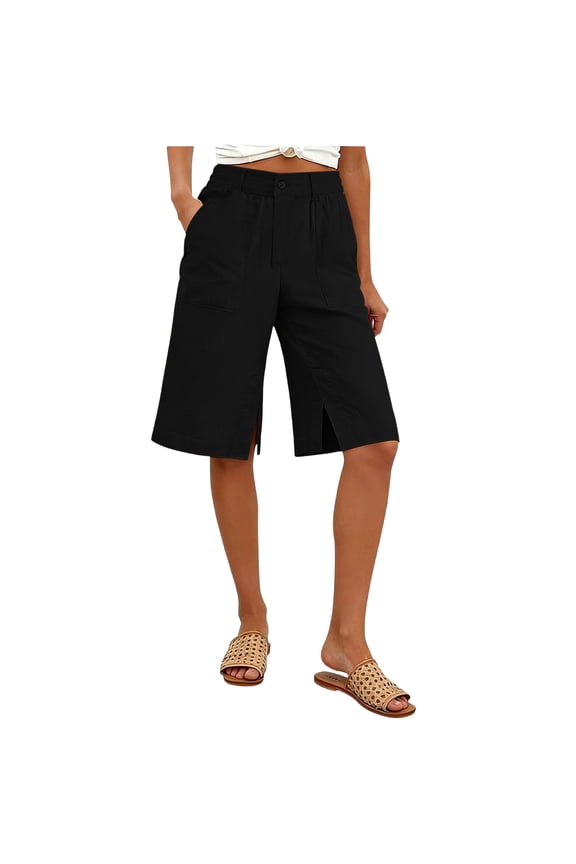 Cotton Linen Shorts for Women Solid Color Shorts Mid Length Split Casual Fashion Pants