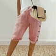 thumbnail image 1 of Cotton Linen Shorts for Women Striped Printed Drawstring Mid Waisted Knee Length Straight Leg Bermuda Short with Pockets, 1 of 6