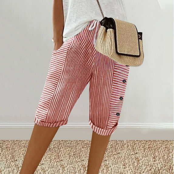 Cotton Linen Shorts for Women Striped Printed Drawstring Mid Waisted Knee Length Straight Leg Bermuda Short with Pockets