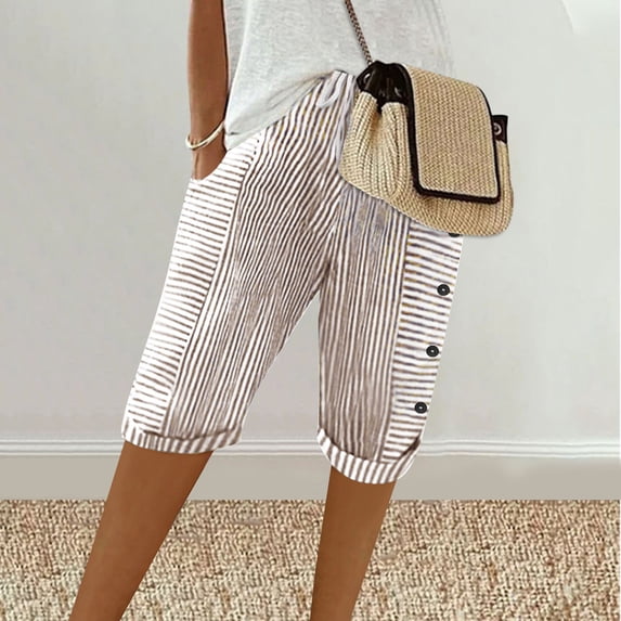 Cotton Linen Shorts for Women Striped Printed Drawstring Mid Waisted Knee Length Straight Leg Bermuda Short with Pockets