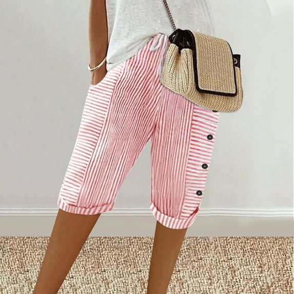 Cotton Linen Shorts for Women Striped Printed Drawstring Mid Waisted Knee Length Straight Leg Bermuda Short with Pockets 4th of July