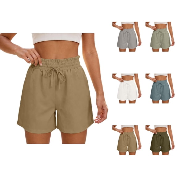 Cotton Linen Shorts for Women Summer Casual Elastic High Waist Wide Leg Loose Beach Shorts with Pockets