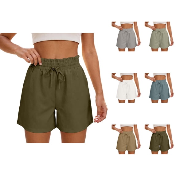 Cotton Linen Shorts for Women Summer Casual Elastic High Waist Wide Leg Loose Beach Shorts with Pockets