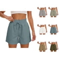 thumbnail image 1 of Cotton Linen Shorts for Women Summer Casual Elastic High Waist Wide Leg Loose Beach Shorts with Pockets, 1 of 6