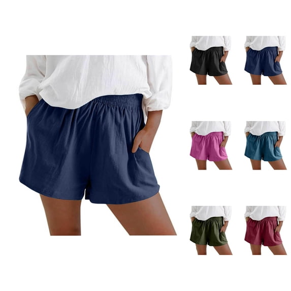 Cotton Linen Shorts for Women Summer Casual Elastic High Waist Wide Leg Loose Fit Lightweight Beach Shorts with Pockets