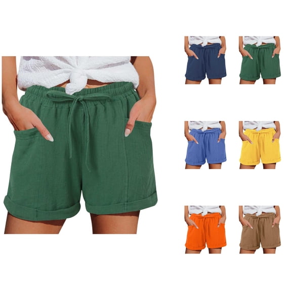 Cotton Linen Shorts for Women Summer Casual Elastic Waist Straight Leg Relaxed Fit Lightweight Beach Shorts with Pockets