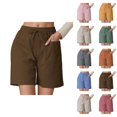 thumbnail image 1 of Linen Shorts for Women Summer Elastic High Waisted Loose Casual Wide Straight Leg Beach Shorts with Pockets, 1 of 6